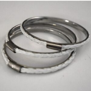 Casual Everyday 3 Braided White Leather Silver Tone 7" Bangle Fashion Bracelets